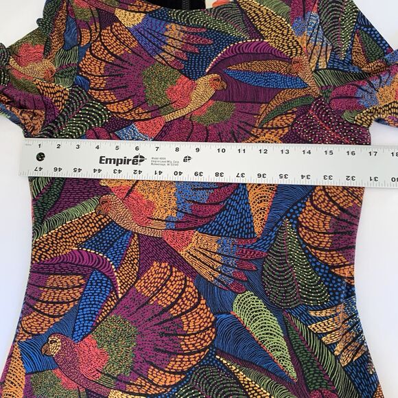 Farm Rio Dress Dotted Macaws Midi 3/4 Sleeve Fitted Jersey Tropical Vacation M - Picture 8 of 14